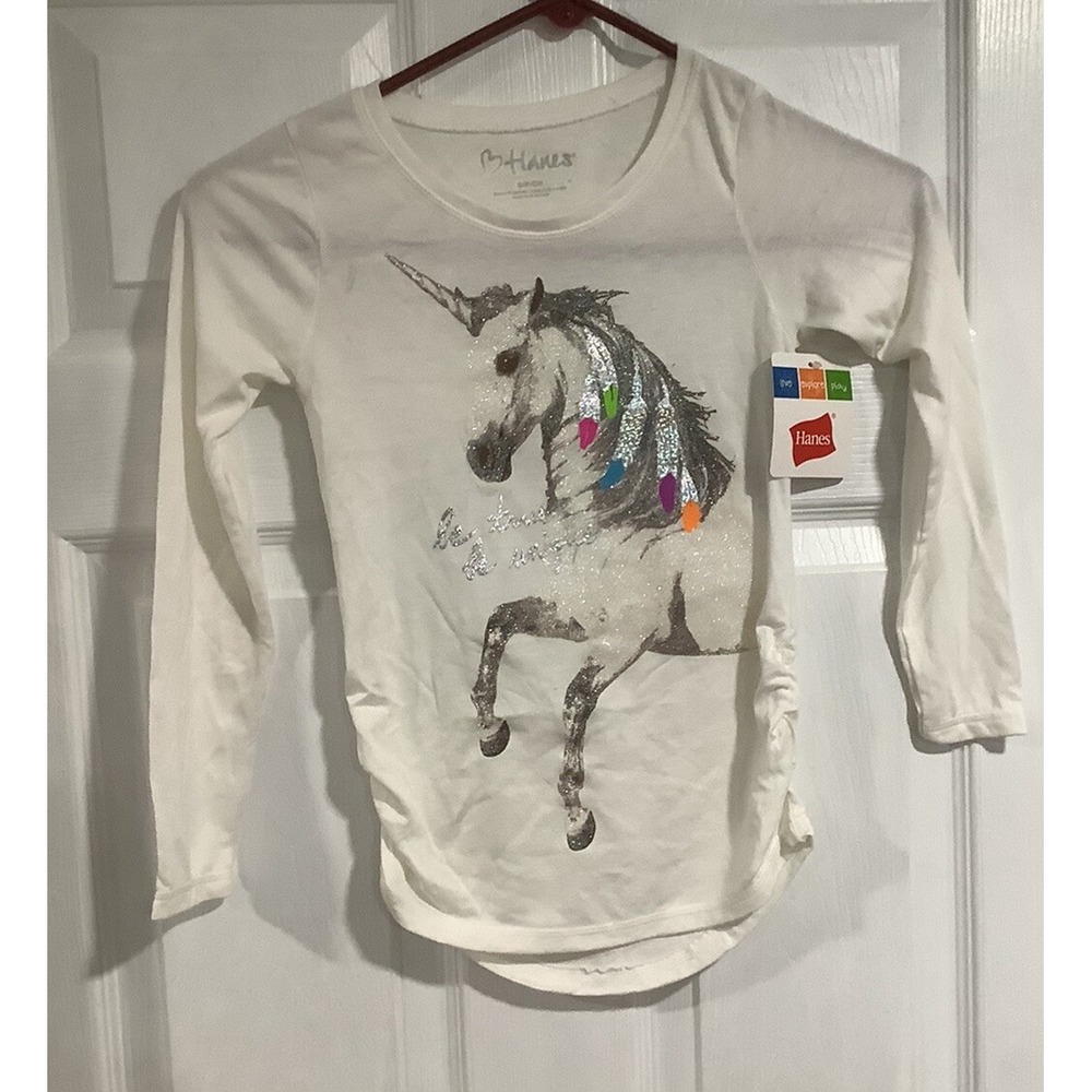 Hanes Unicorn Tshirt Girls Size Small White Long Sleeve Crew Neck